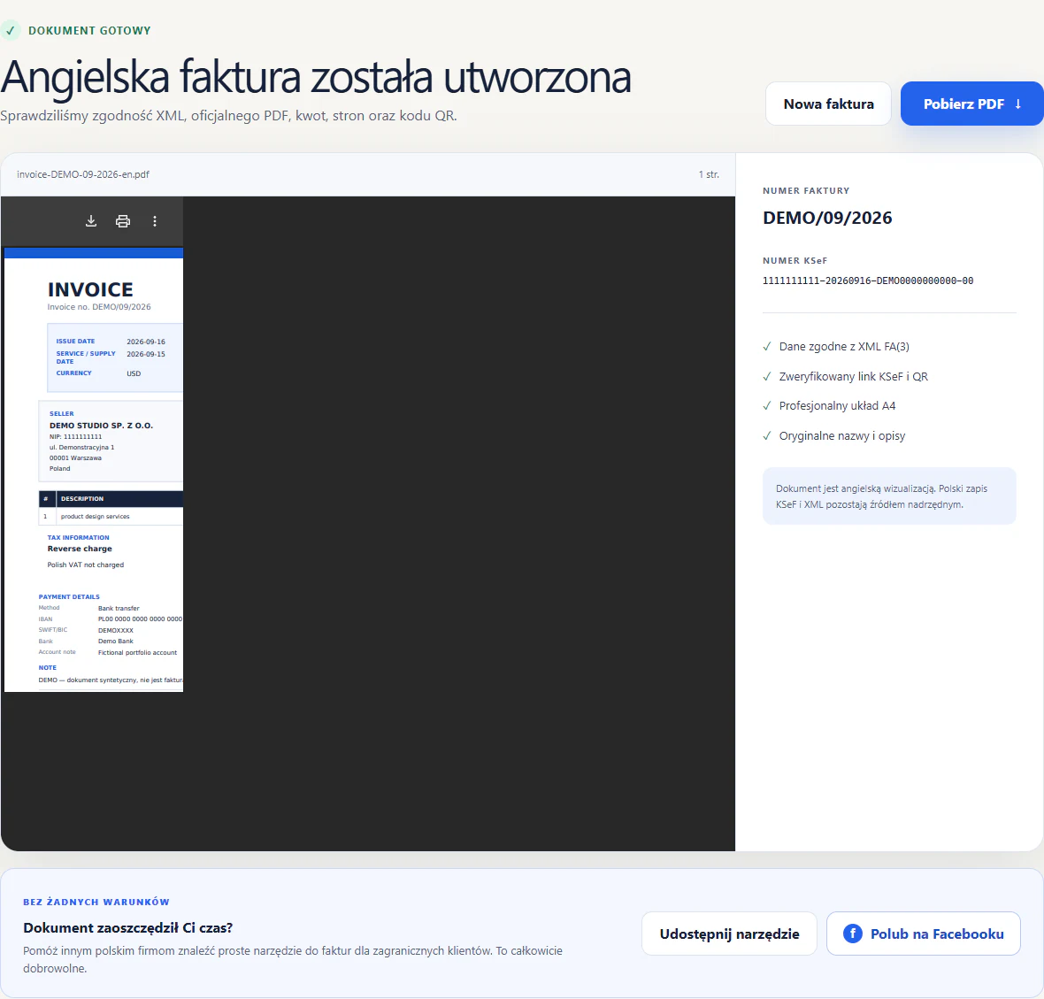Wynikowy angielski PDF dla syntetycznej faktury DEMO