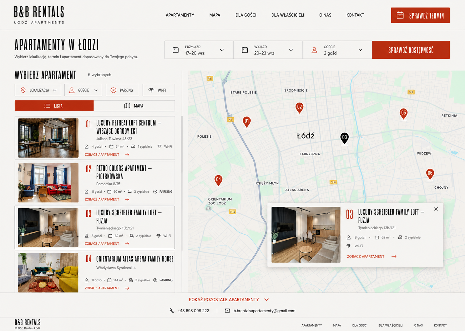 Desktopowa koncepcja wyboru apartamentu w Łodzi z listą i mapą