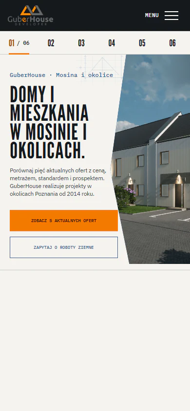 Mobilny ekran propozycji GuberHouse z ofertą domów i mieszkań