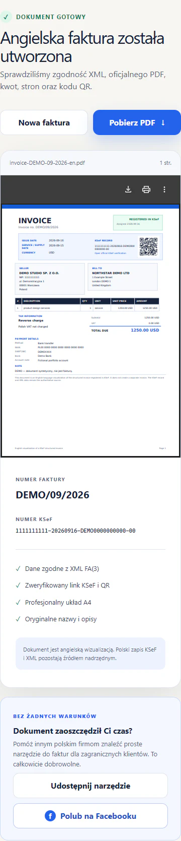 Mobilny ekran wyniku Angielskiej Faktury z dokumentem DEMO